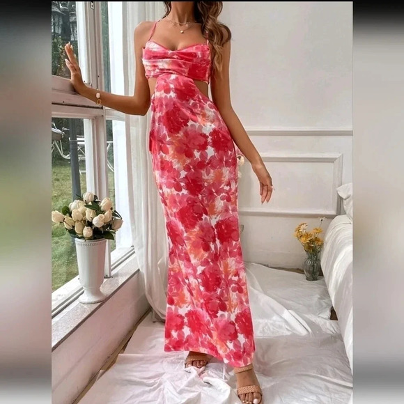 Floral Print Ruched Cutout Waist Crisscross Backless Cami Dress - Picture 3 of 4